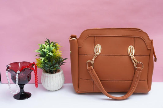 Brown PU Leather Shoulder Bag with Gold Hardware