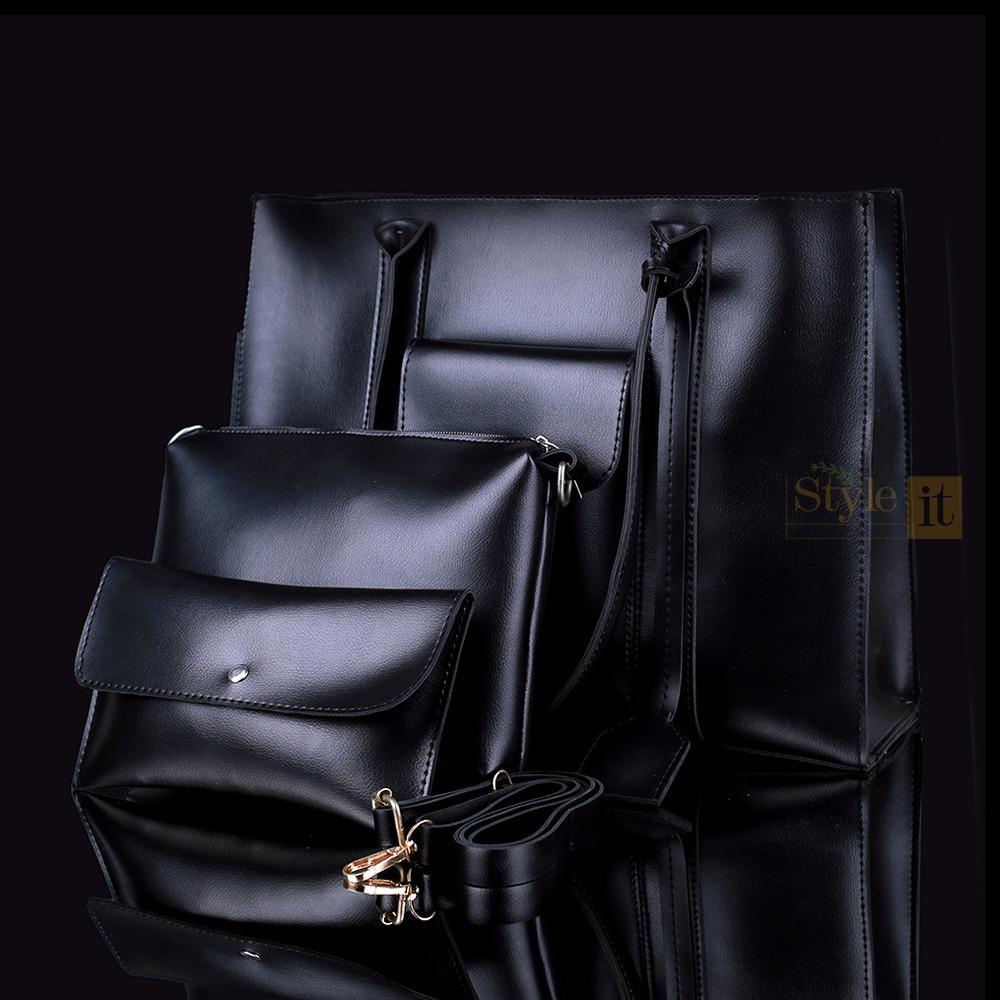Black PU Leather Tote Bag Set for Women